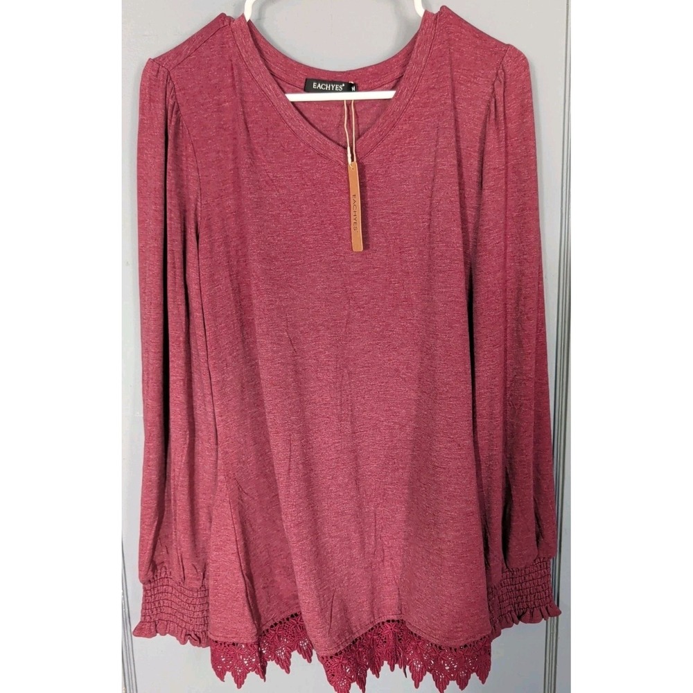Eachyes‎ Burgundy Lilac Long Sleeve Lace Bottom Long Sleeve Shirt NWT